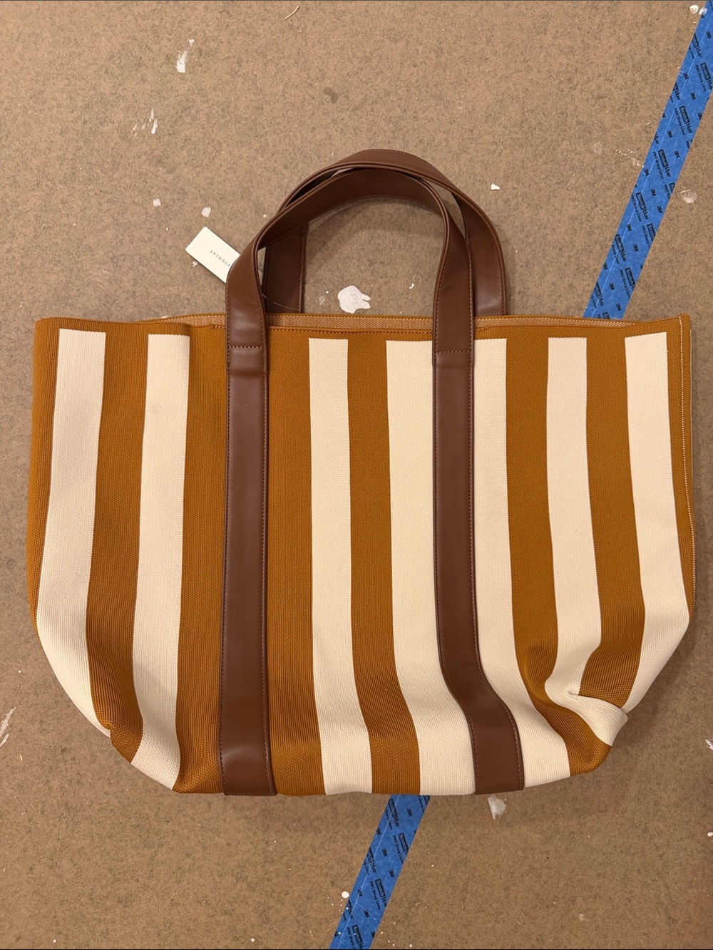 Striped Canvas Tote Bag in Brown and Cream with Brown Handles